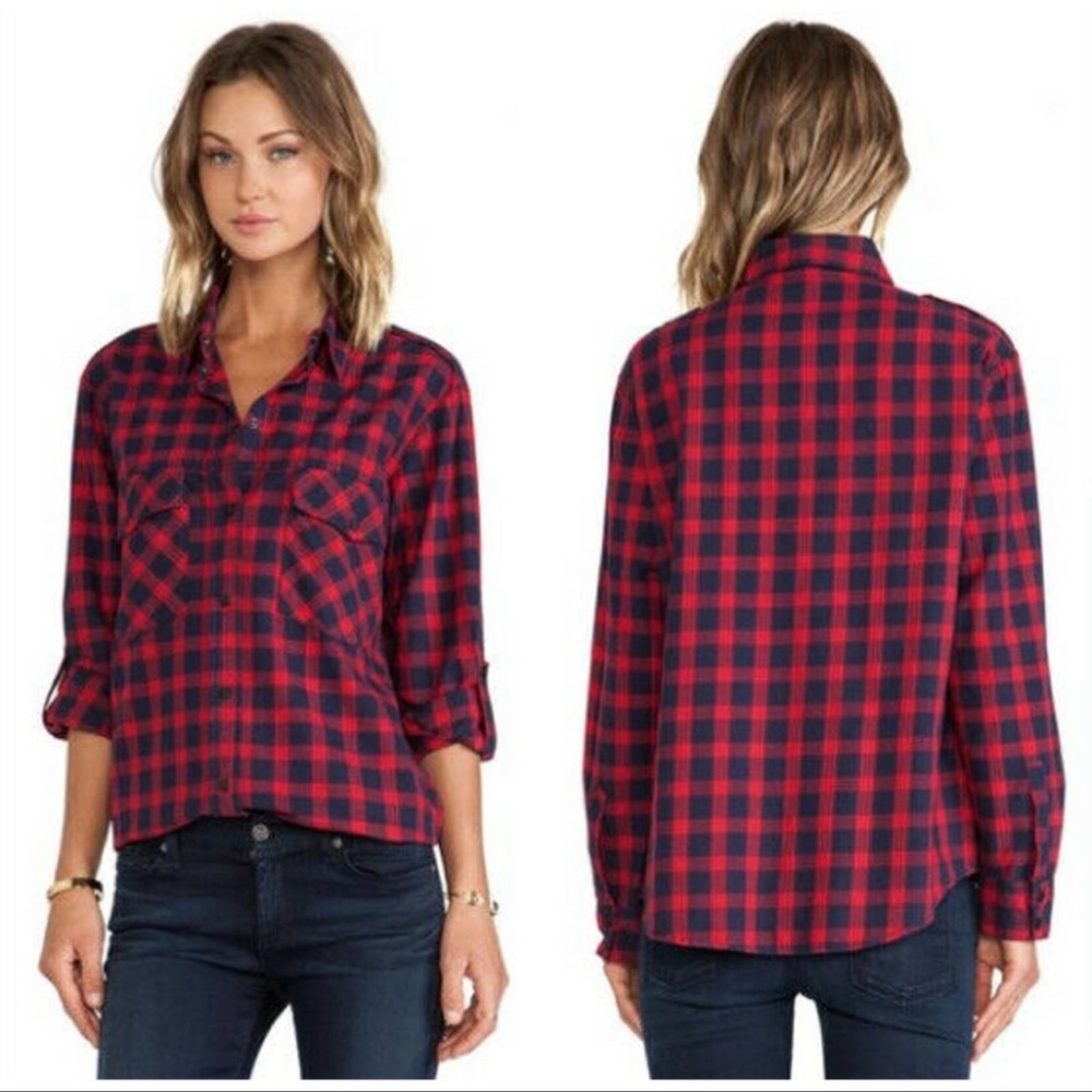 Sanctuary Navy Plaid Long Sleeve Snap Down Shirt Top Blouse Small
